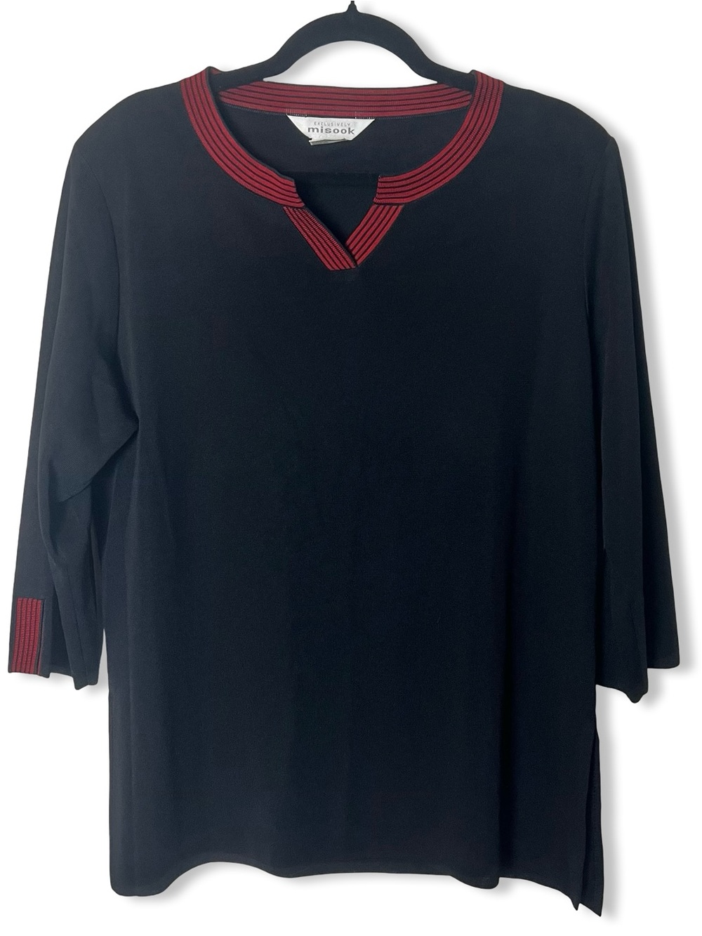 Exclusively Misook Black Red Stripe Collar Knit Top 3/4 Sleeve Sz. XL